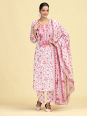 Baby Pink Pure Cotton Printed Embroidered Ethnic Suit Set