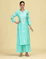 Sky Blue Embroidered Co-Ord Set Straight Kurta with Wide-Leg Pants