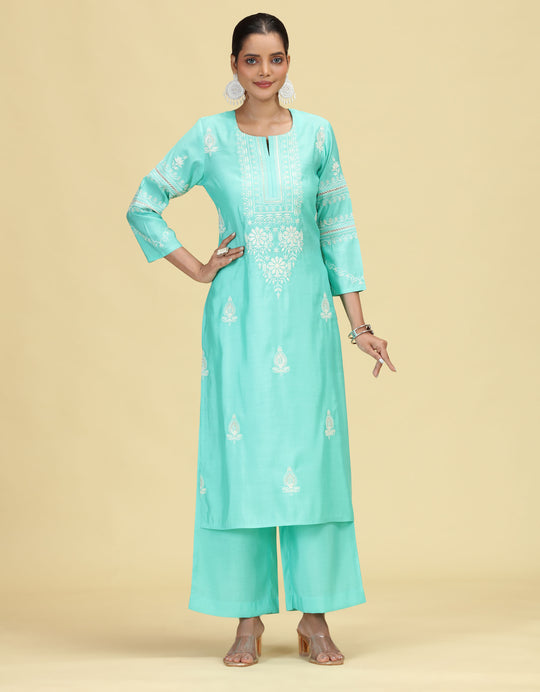 Sky Blue Embroidered Co-Ord Set Straight Kurta with Wide-Leg Pants