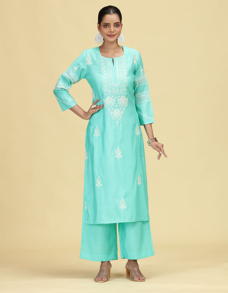 Sky Blue Embroidered Co-Ord Set Straight Kurta with Wide-Leg Pants