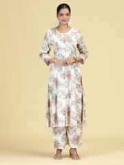 Off White Floral Printed A-Line Co-Ord Set