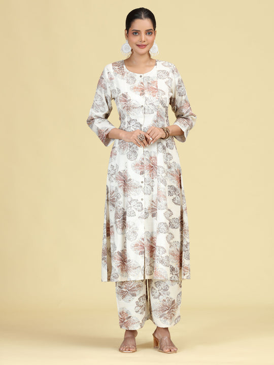 Off White Floral Printed A-Line Co-Ord Set