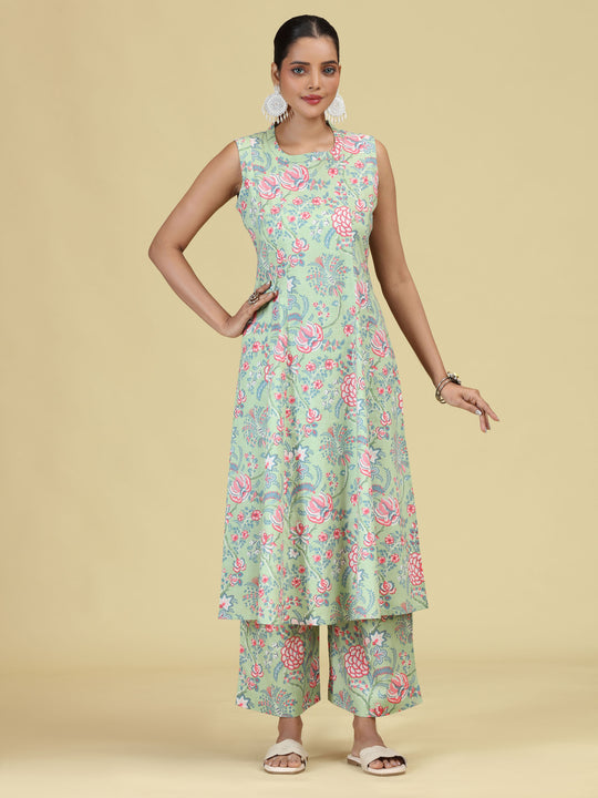 Light Green Pure Cotton Floral Printed Co-Ord Set