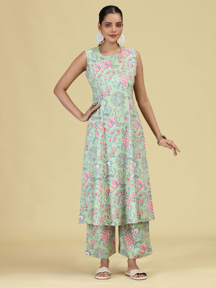 Light Green Pure Cotton Floral Printed Co-Ord Set
