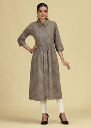 Beige Pure Cotton Printed A-Line Shirt Collar Kurta