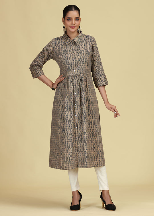Beige Pure Cotton Printed A-Line Shirt Collar Kurta