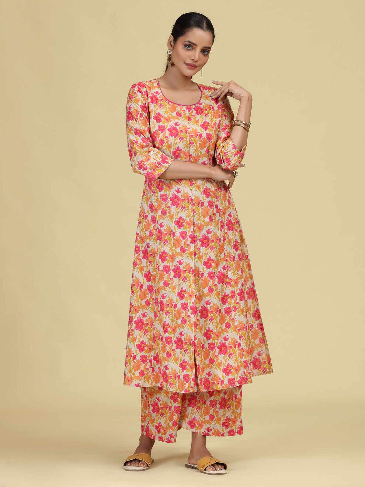 Off White & Yellow Pure Cotton Floral Printed Co-Ord Set