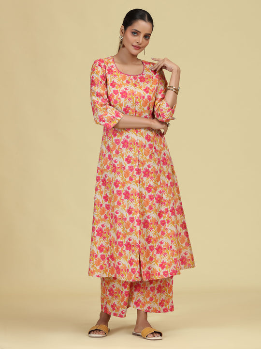 Off White & Yellow Pure Cotton Floral Printed Co-Ord Set