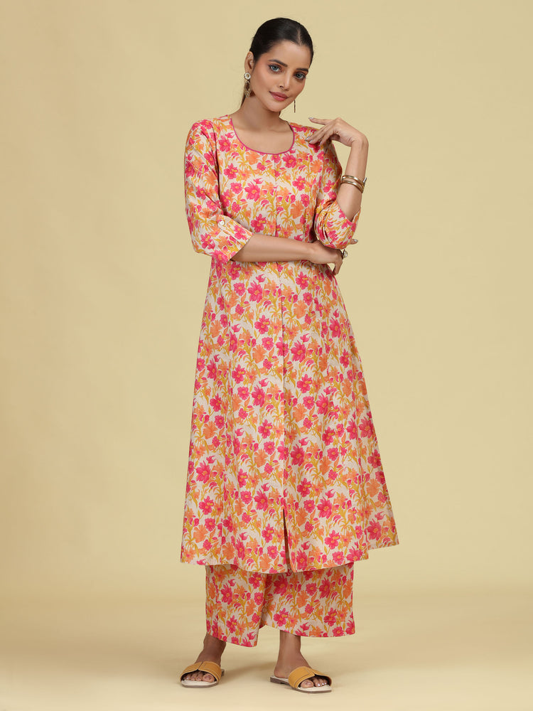 Off White & Yellow Pure Cotton Floral Printed Co-Ord Set