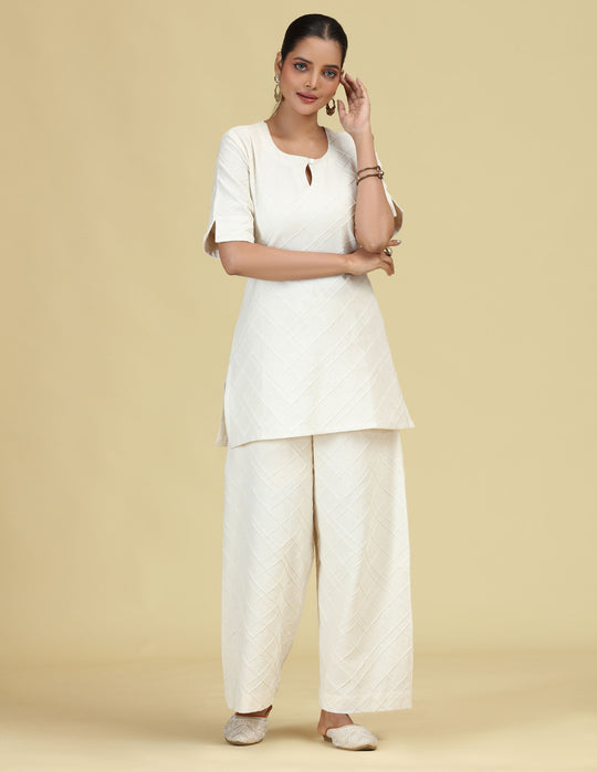 Off White Diamond Pintuck Pure Cotton Kurta