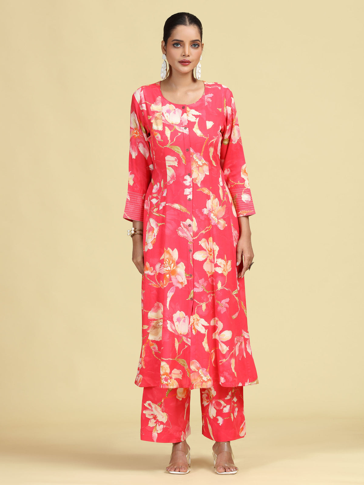 Rani Pink Floral Printed Stylish A-Line Co-Ord Set