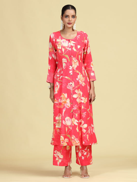 Rani Pink Floral Printed Stylish A-Line Co-Ord Set