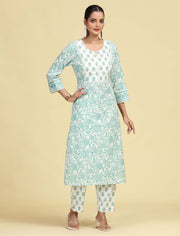 Off White & Mint Green Pure Cotton Floral Printed Co-Ord Set