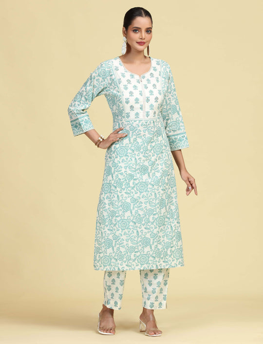 Off White & Mint Green Pure Cotton Floral Printed Co-Ord Set
