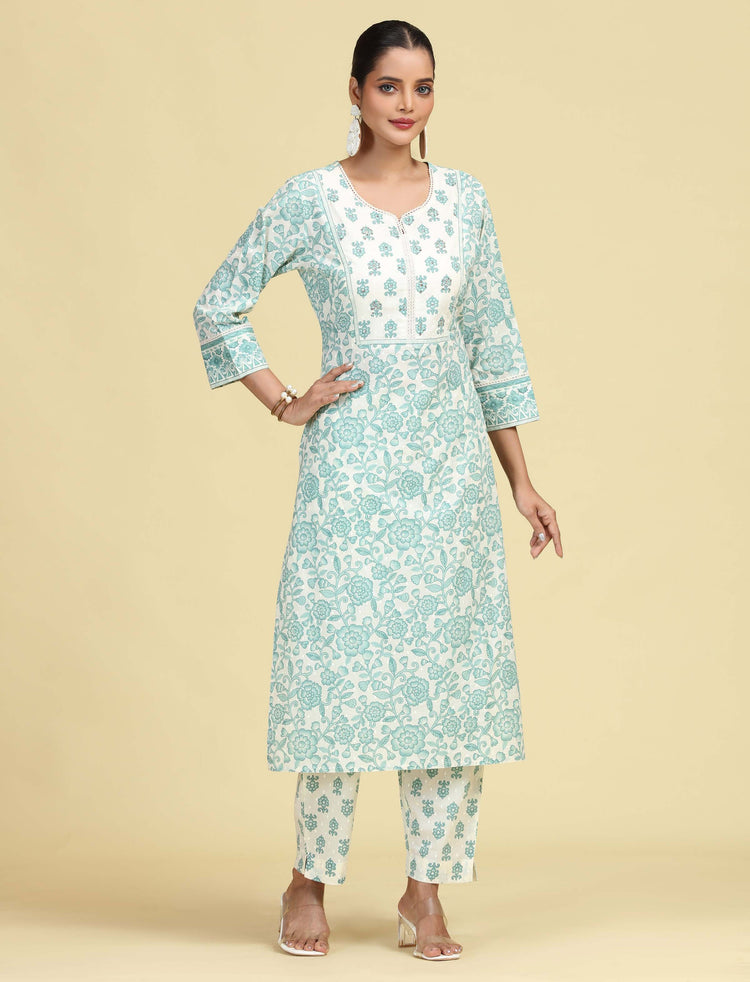 Off White & Mint Green Pure Cotton Floral Printed Co-Ord Set