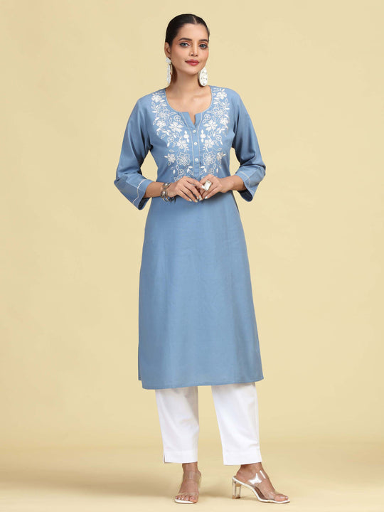 Light Blue Embroidered Handloom Cotton Straight Kurta