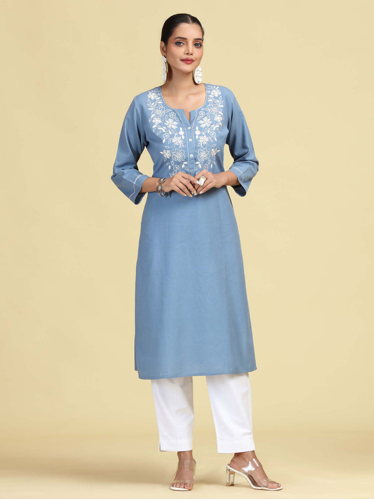 Light Blue Embroidered Handloom Cotton Straight Kurta