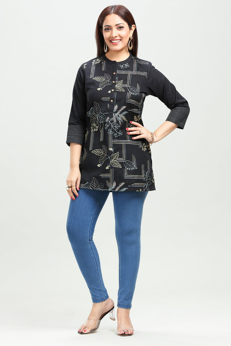 Black Cotton Straight Embroidered Short Kurta
