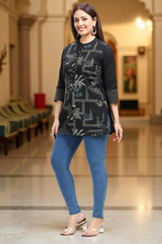 Black Cotton Straight Embroidered Short Kurta