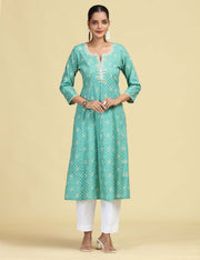 Turquoise Floral Embroidered Printed A-Line Pure Cotton Kurta