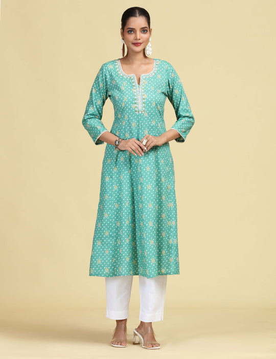 Turquoise Floral Embroidered Printed A-Line Pure Cotton Kurta