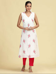 Off White Hand Embroidered Floral Pure Cotton A-Line Kurta