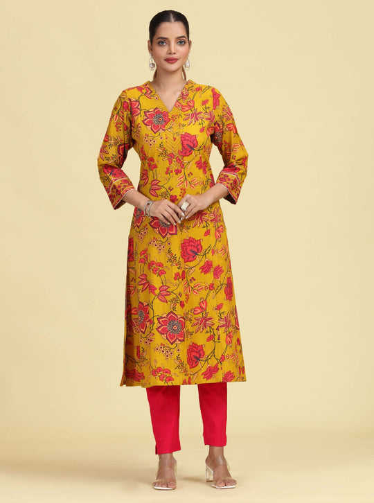 Mustard A-Line Floral Printed Cotton Kurta with Embroidered Sleeve Cuffs