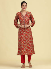 Rust A-Line Geometric Printed Cotton Kurta with Embroidered V-Neck