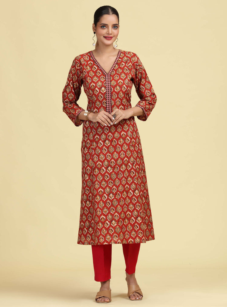 Rust A-Line Geometric Printed Cotton Kurta with Embroidered V-Neck