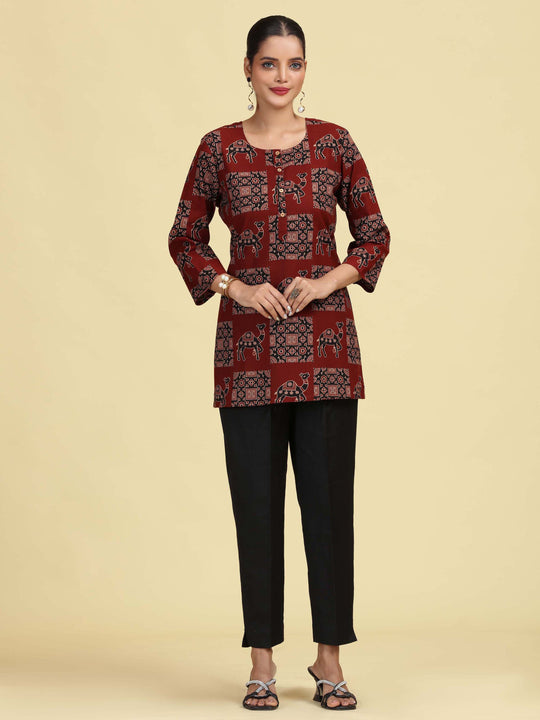 Maroon Pure Cotton camel Printed Short Kurti