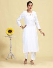 White Pure Cotton Embroidered Straight Kurta