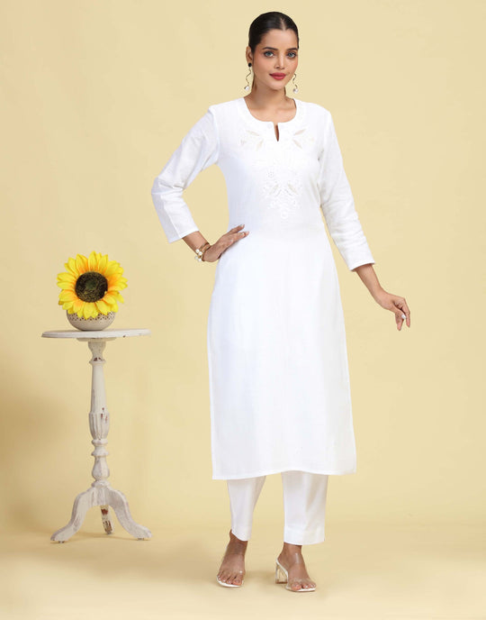 White Pure Cotton Embroidered Straight Kurta