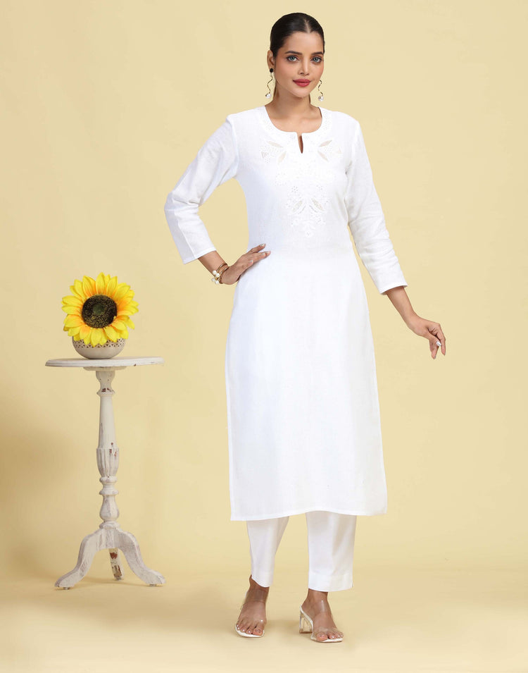 White Pure Cotton Embroidered Straight Kurta