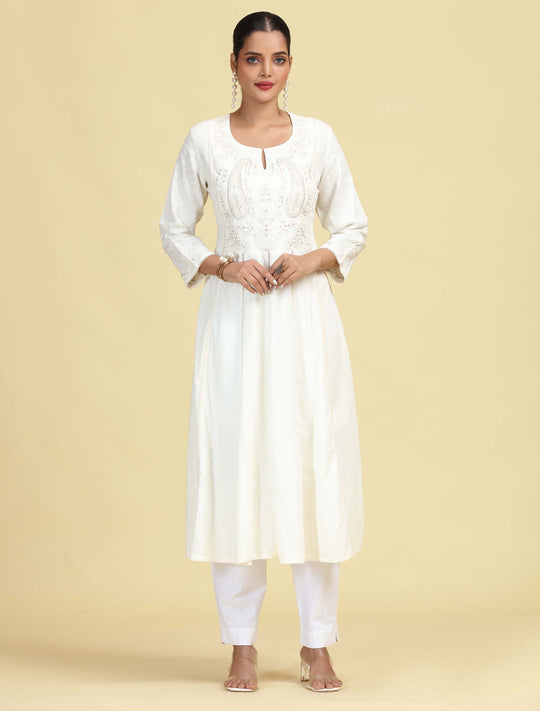 Off White Flared Embroidered A-line Kurta