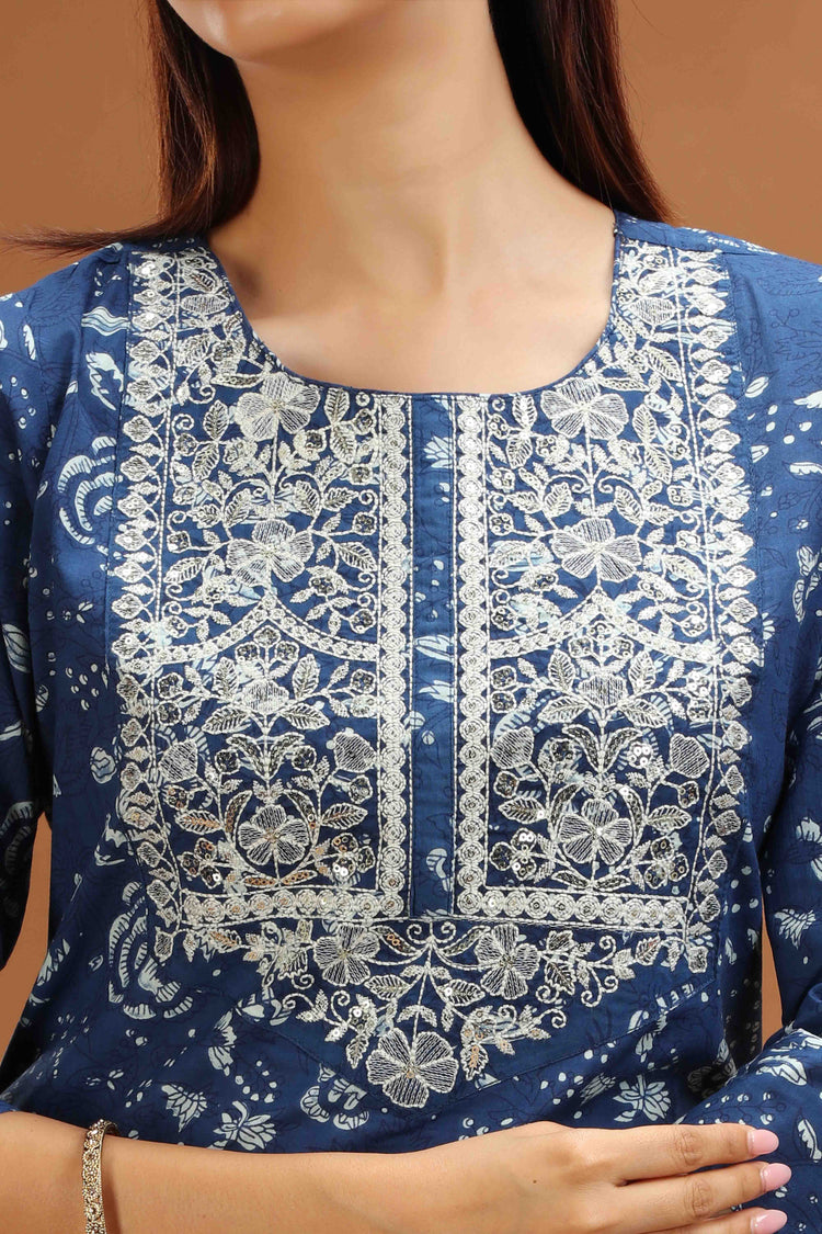 Blue Jaipuri Cotton Straight Embroidered Kurta