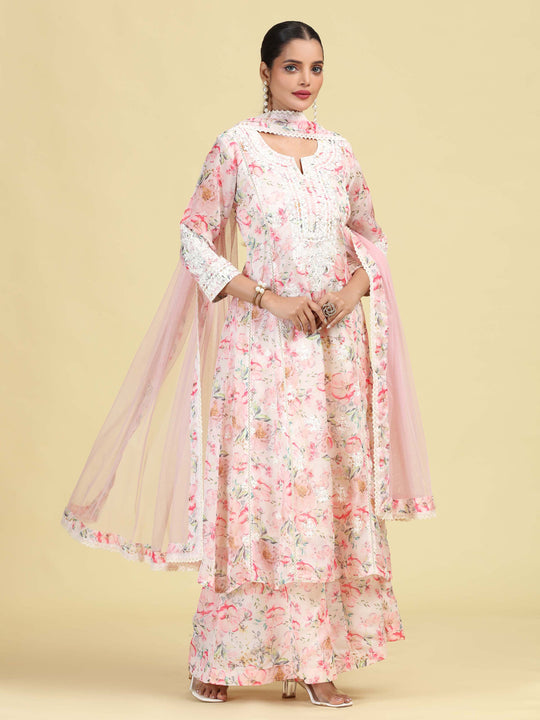 Light Peach Floral Embroidered Ethnic Kurta Palazzo Dupatta Set
