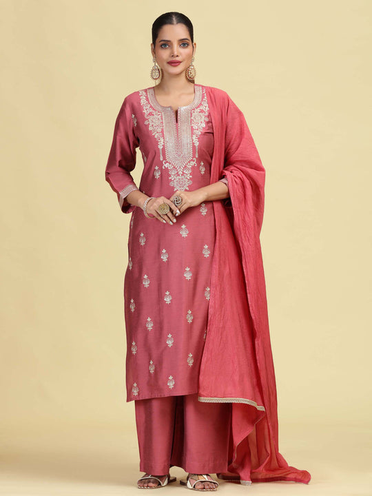 Dusty Rose Straight Embroidered Ethnic Kurta Set with Dupatta