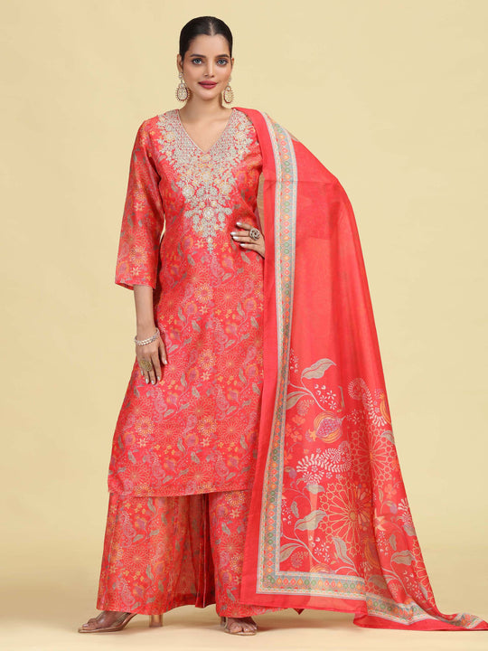 Peach Straight Floral Print & Embroidered Ethnic Kurta Set