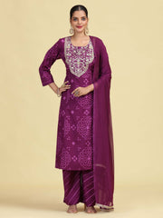 Purple Straight Pure Cotton Embroidered Ethnic Kurta Set
