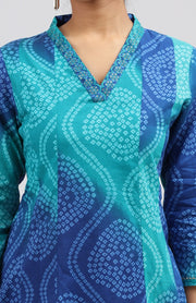 Blue Cotton Bandhani Digital Print A Line Kurta