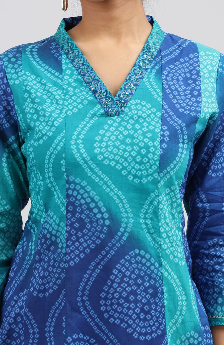 Blue Cotton Bandhani Digital Print A Line Kurta