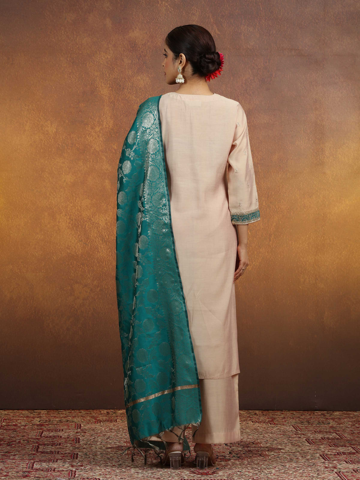 Cream Embroidered Straight Kurta PantWith Dupatta Ethnic Set