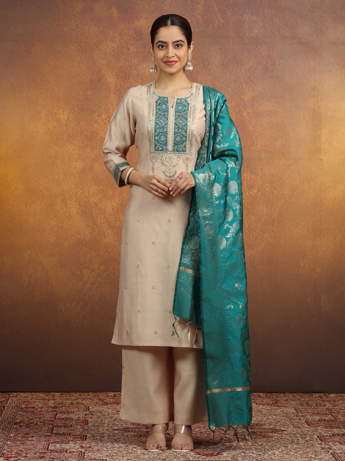 Cream Embroidered Straight Kurta PantWith Dupatta Ethnic Set