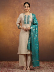 Cream Embroidered Straight Kurta PantWith Dupatta Ethnic Set