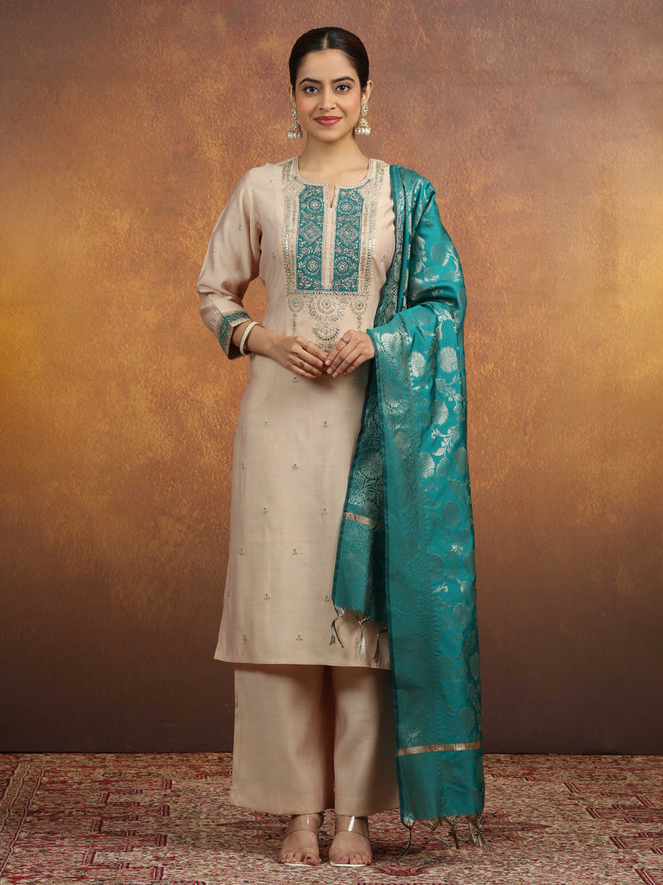 Cream Embroidered Straight Kurta PantWith Dupatta Ethnic Set