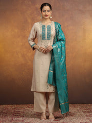 Cream Embroidered Straight Kurta PantWith Dupatta Ethnic Set