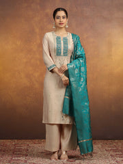 Cream Embroidered Straight Kurta PantWith Dupatta Ethnic Set