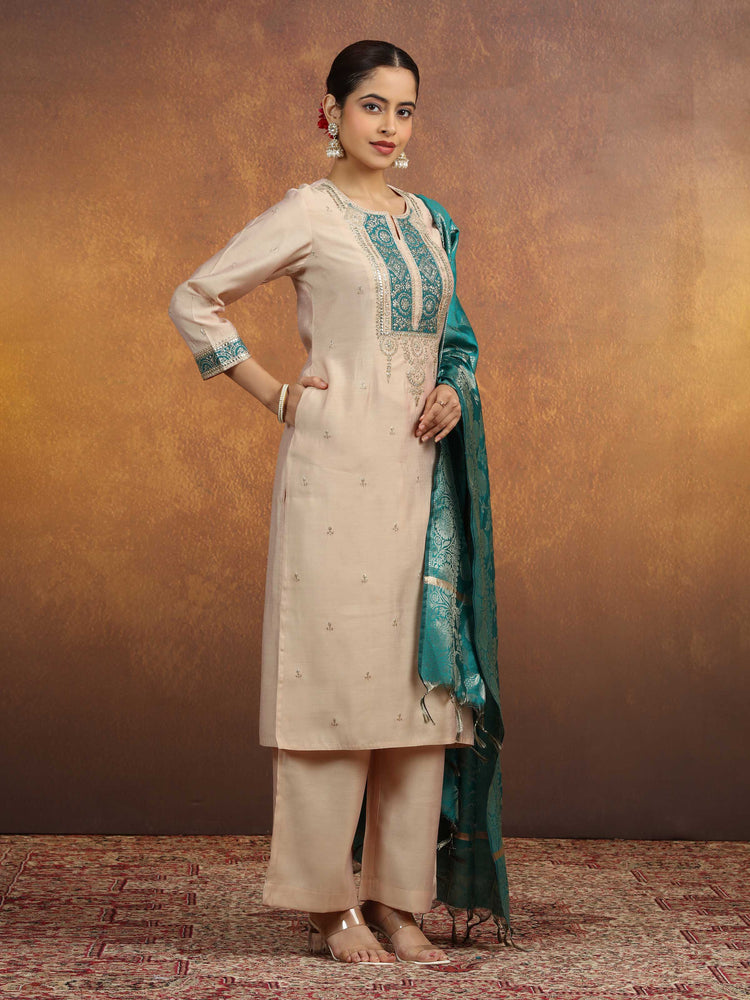 Cream Embroidered Straight Kurta PantWith Dupatta Ethnic Set