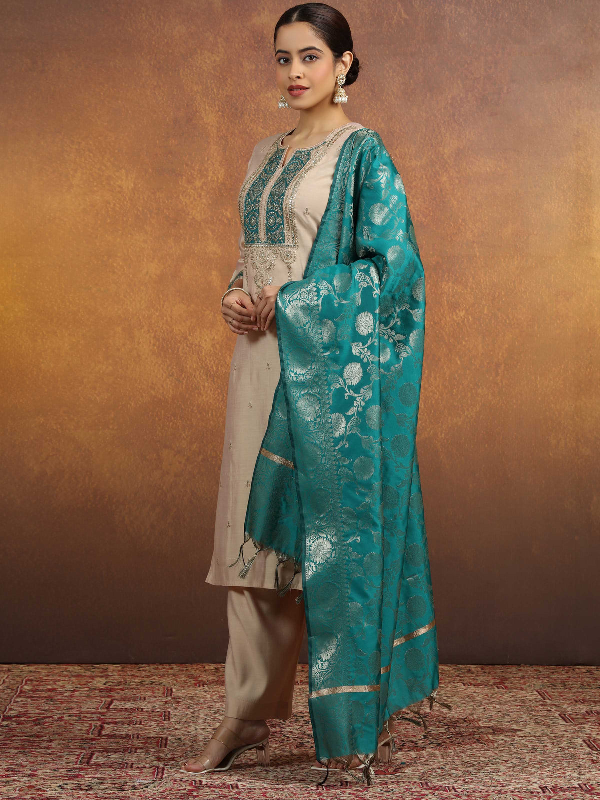 Cream Embroidered Straight Kurta PantWith Dupatta Ethnic Set