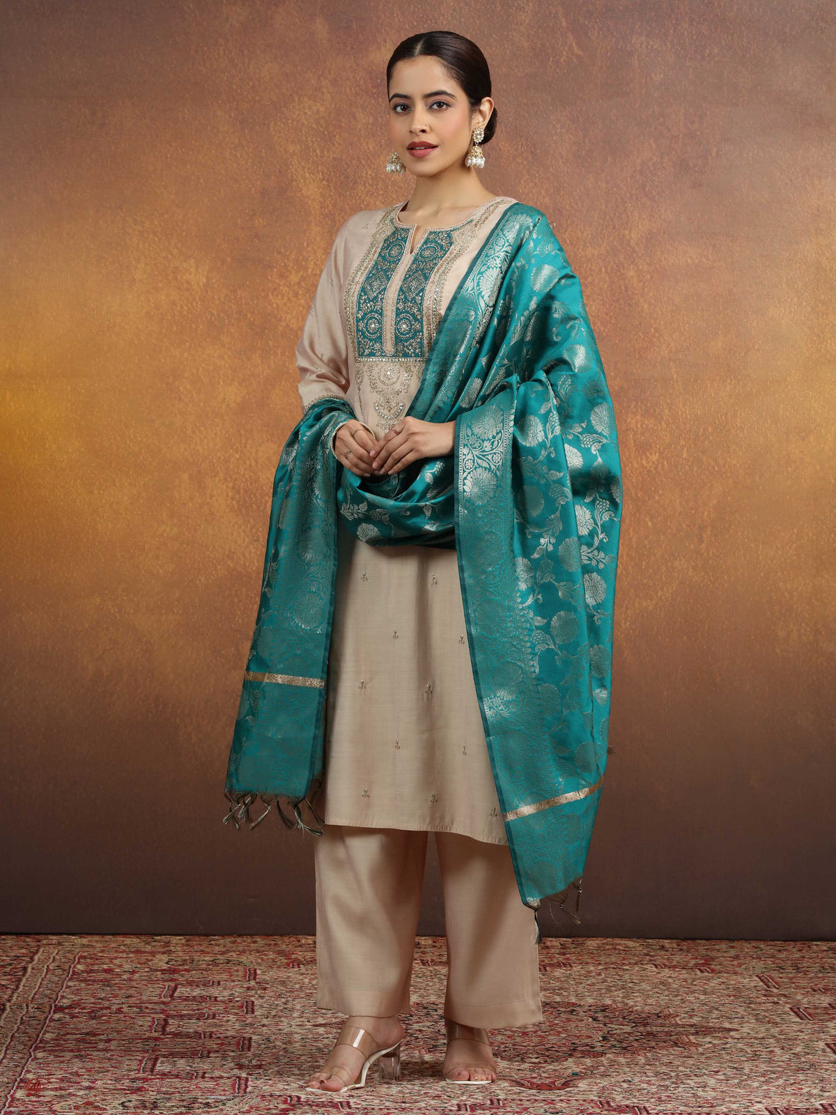 Cream Embroidered Straight Kurta PantWith Dupatta Ethnic Set